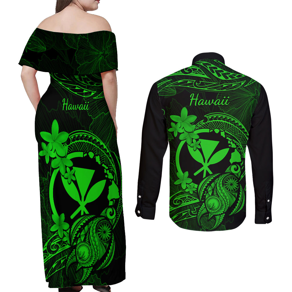 hawaii-couples-matching-off-shoulder-maxi-dress-and-long-sleeve-button-shirts-turtle-mix-polynesian-plumeria-green-version