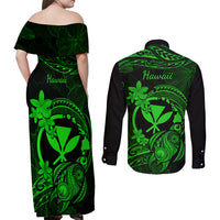 hawaii-couples-matching-off-shoulder-maxi-dress-and-long-sleeve-button-shirts-turtle-mix-polynesian-plumeria-green-version
