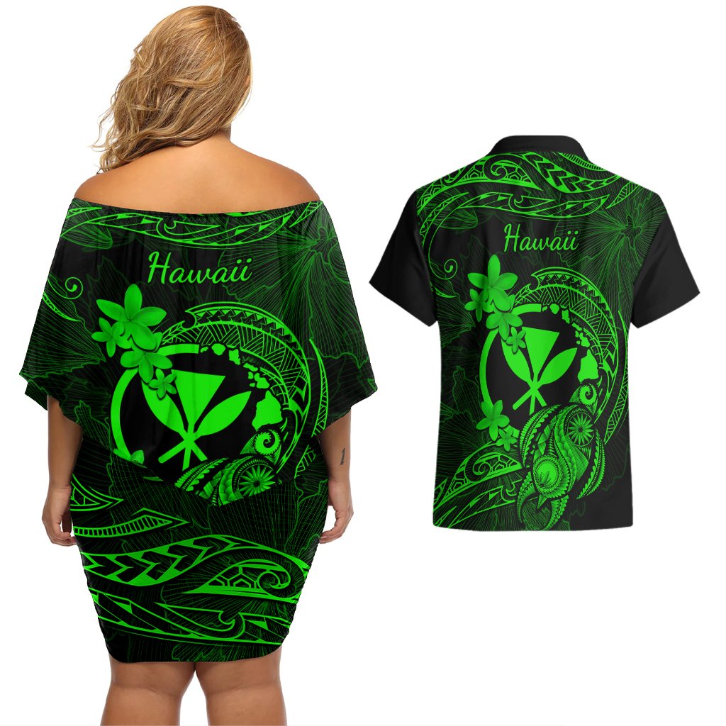 hawaii-couples-matching-off-shoulder-short-dress-and-hawaiian-shirt-turtle-mix-polynesian-plumeria-green-version