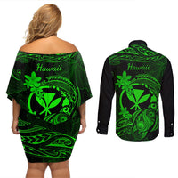 hawaii-couples-matching-off-shoulder-short-dress-and-long-sleeve-button-shirts-turtle-mix-polynesian-plumeria-green-version