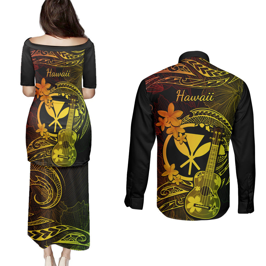 hawaii-couples-matching-puletasi-dress-and-long-sleeve-button-shirts-ukulele-mix-polynesian-plumeria-reggae-version