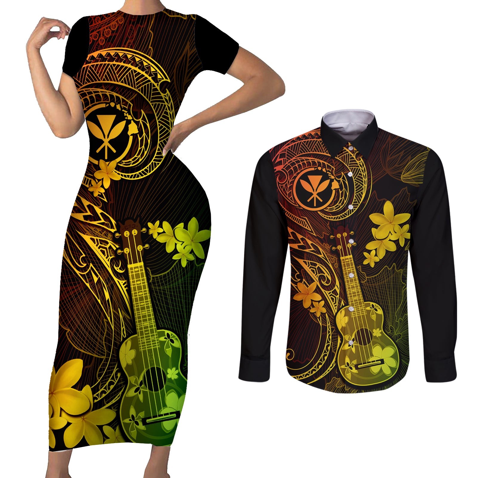 hawaii-couples-matching-short-sleeve-bodycon-dress-and-long-sleeve-button-shirts-ukulele-mix-polynesian-plumeria-reggae-version