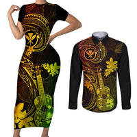 hawaii-couples-matching-short-sleeve-bodycon-dress-and-long-sleeve-button-shirts-ukulele-mix-polynesian-plumeria-reggae-version