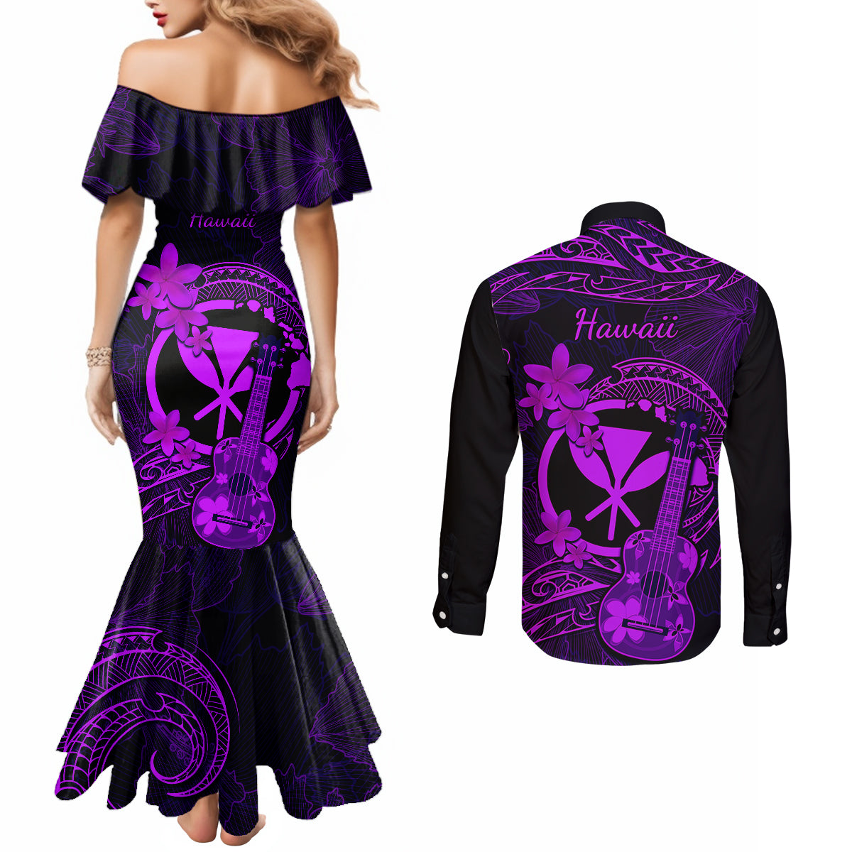 hawaii-couples-matching-mermaid-dress-and-long-sleeve-button-shirts-ukulele-mix-polynesian-plumeria-purple-version