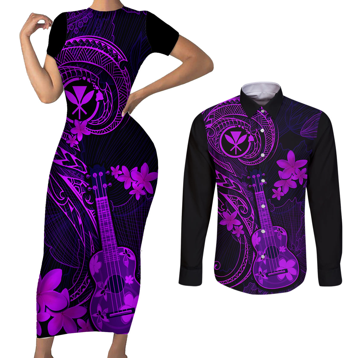 hawaii-couples-matching-short-sleeve-bodycon-dress-and-long-sleeve-button-shirts-ukulele-mix-polynesian-plumeria-purple-version
