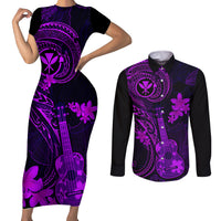 hawaii-couples-matching-short-sleeve-bodycon-dress-and-long-sleeve-button-shirts-ukulele-mix-polynesian-plumeria-purple-version