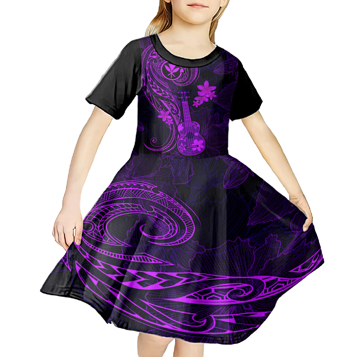 hawaii-kid-short-sleeve-dress-ukulele-mix-polynesian-plumeria-purple-version