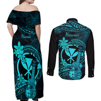 hawaii-couples-matching-off-shoulder-maxi-dress-and-long-sleeve-button-shirts-ukulele-mix-polynesian-plumeria-turquoise-version