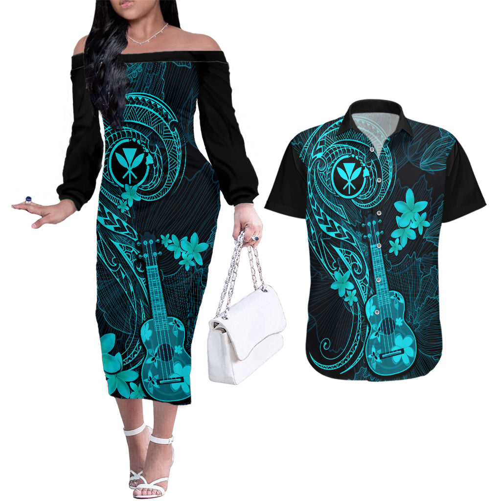hawaii-couples-matching-off-the-shoulder-long-sleeve-dress-and-hawaiian-shirt-ukulele-mix-polynesian-plumeria-turquoise-version