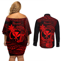 hawaii-couples-matching-off-shoulder-short-dress-and-long-sleeve-button-shirts-ukulele-mix-polynesian-plumeria-red-version
