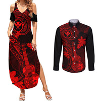 hawaii-couples-matching-summer-maxi-dress-and-long-sleeve-button-shirts-ukulele-mix-polynesian-plumeria-red-version