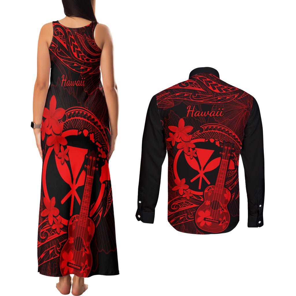 hawaii-couples-matching-tank-maxi-dress-and-long-sleeve-button-shirts-ukulele-mix-polynesian-plumeria-red-version