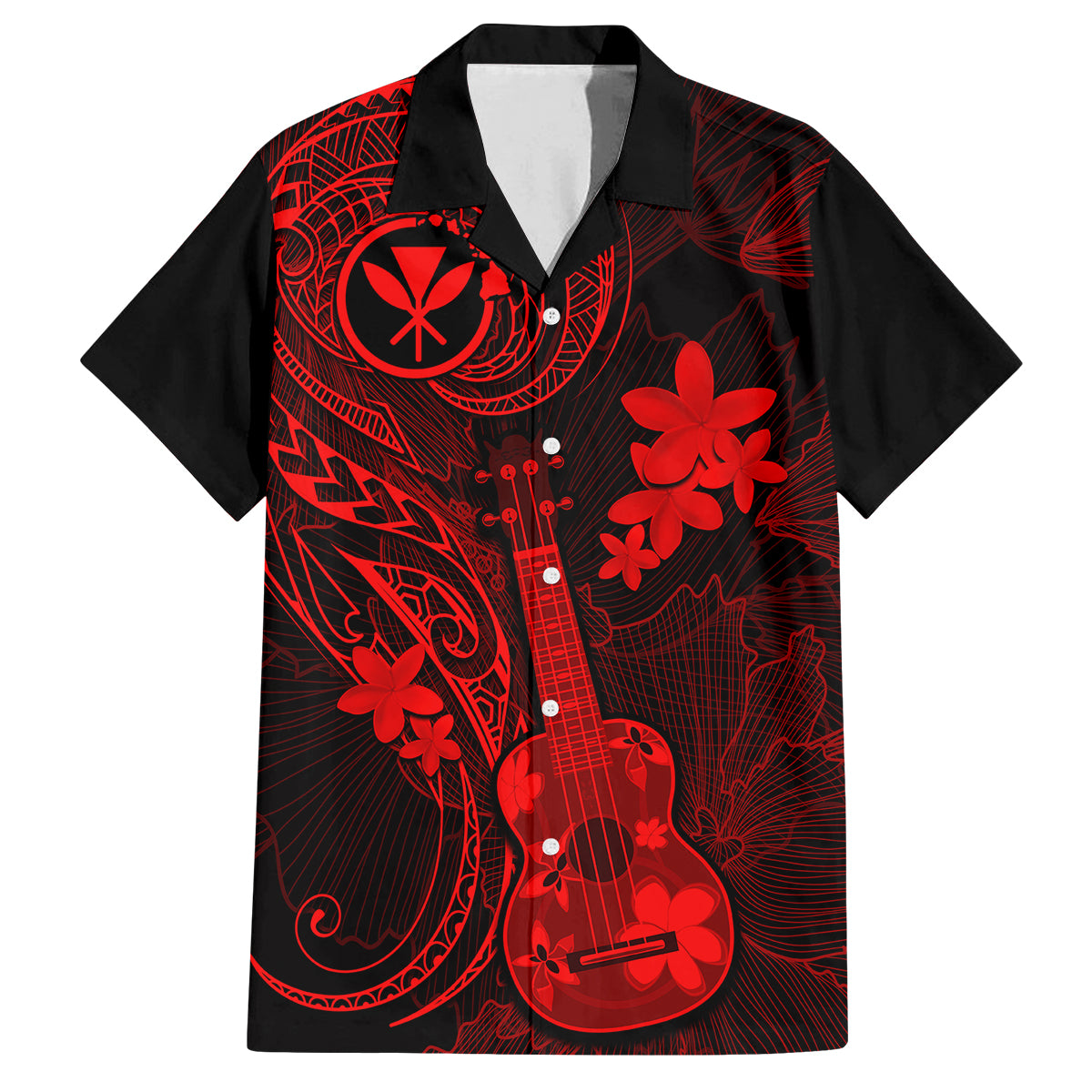 hawaii-family-matching-off-shoulder-maxi-dress-and-hawaiian-shirt-ukulele-mix-polynesian-plumeria-red-version