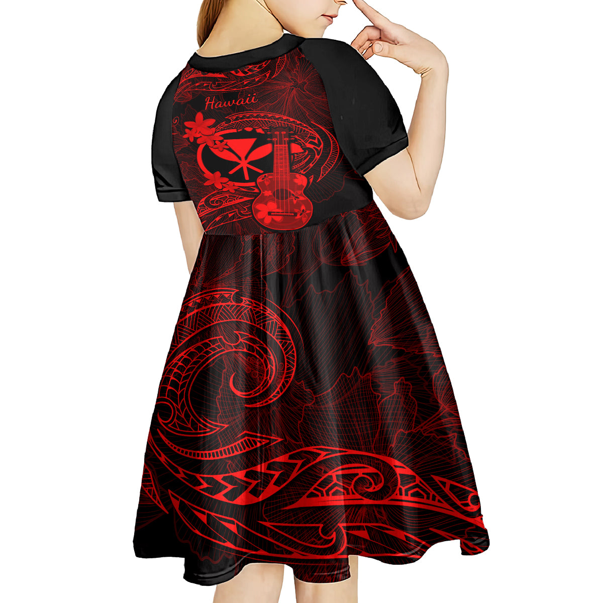hawaii-kid-short-sleeve-dress-ukulele-mix-polynesian-plumeria-red-version