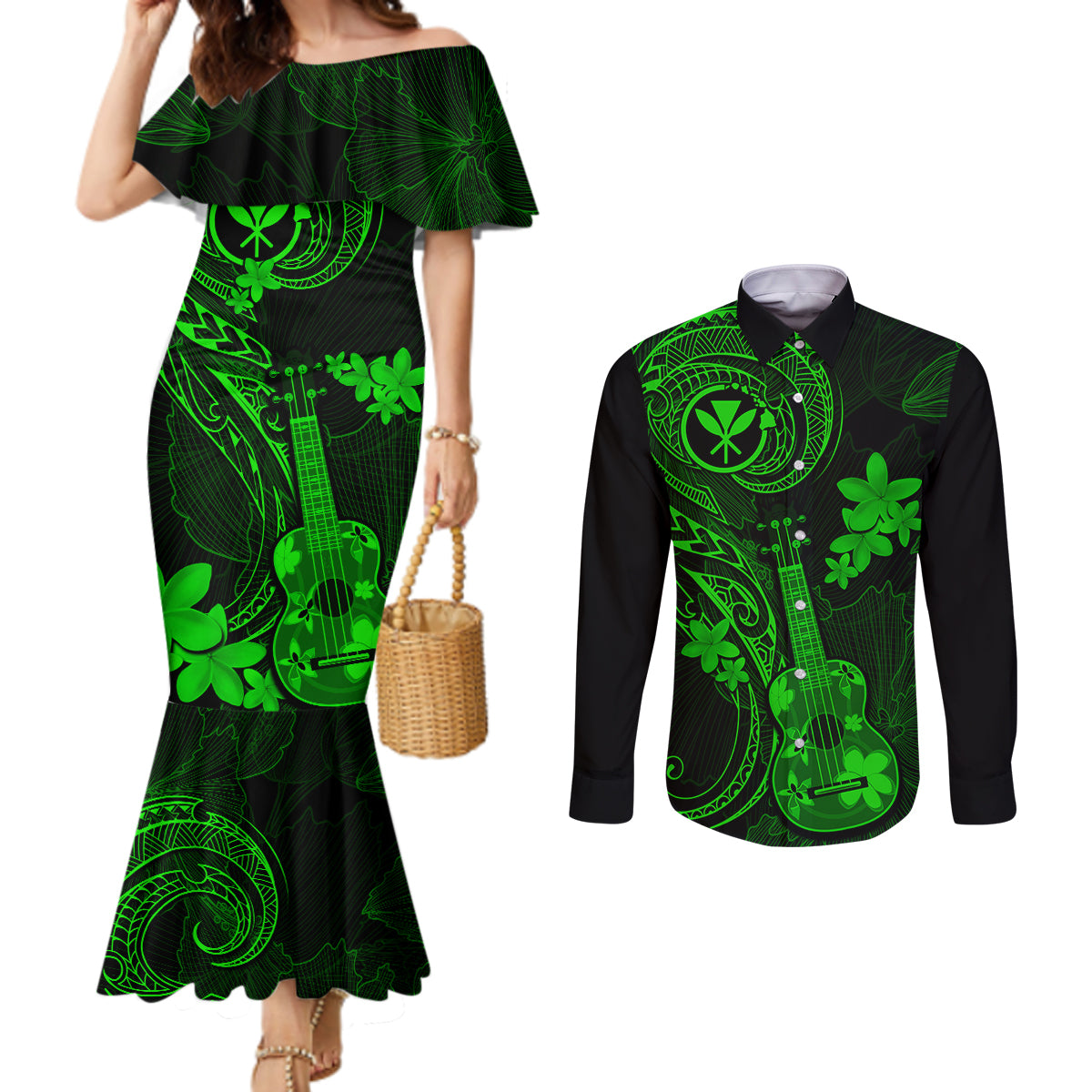 hawaii-couples-matching-mermaid-dress-and-long-sleeve-button-shirts-ukulele-mix-polynesian-plumeria-green-version