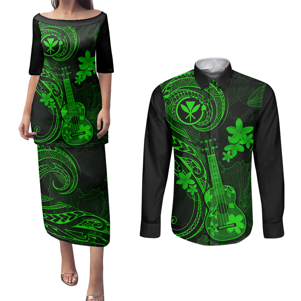 hawaii-couples-matching-puletasi-dress-and-long-sleeve-button-shirts-ukulele-mix-polynesian-plumeria-green-version