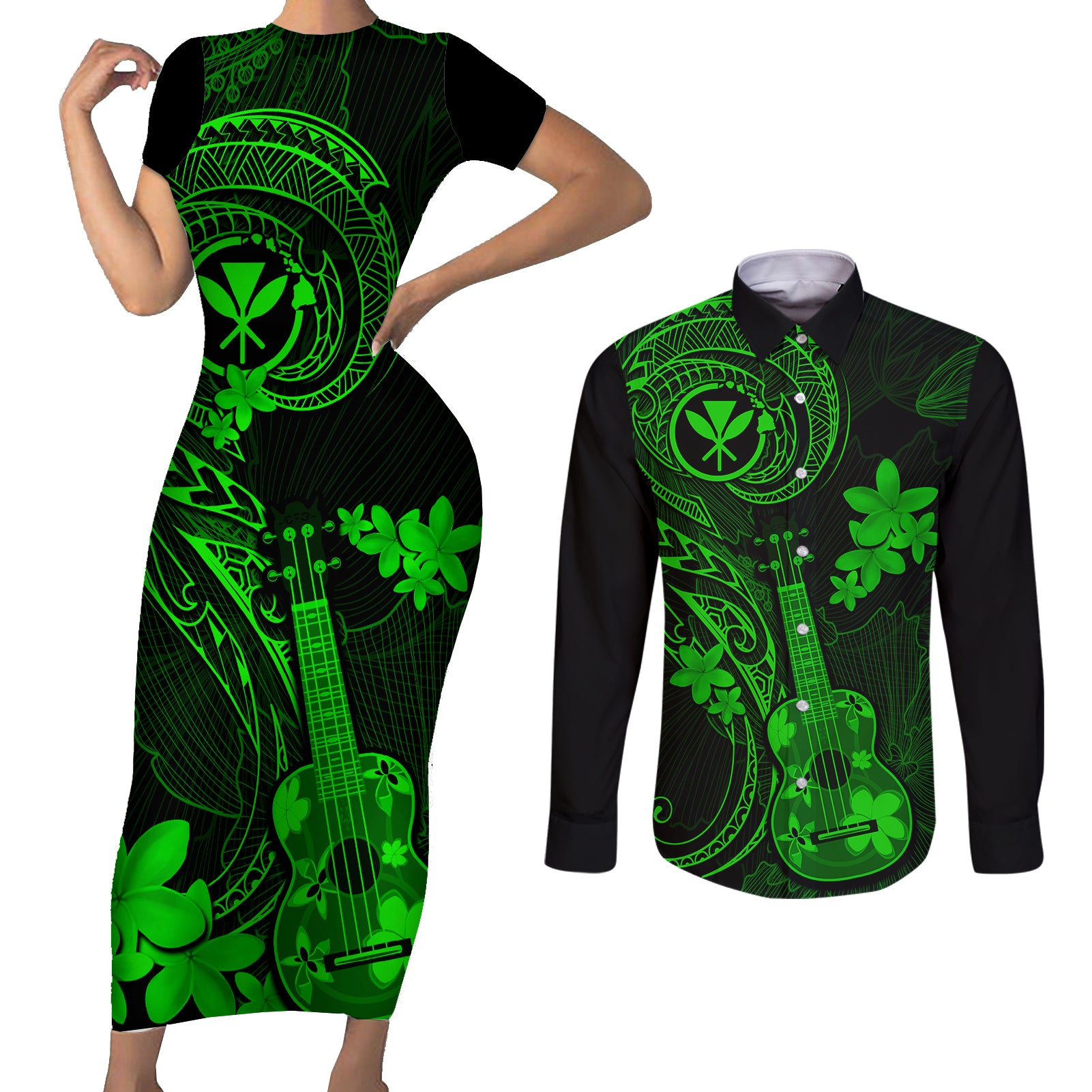 hawaii-couples-matching-short-sleeve-bodycon-dress-and-long-sleeve-button-shirts-ukulele-mix-polynesian-plumeria-green-version