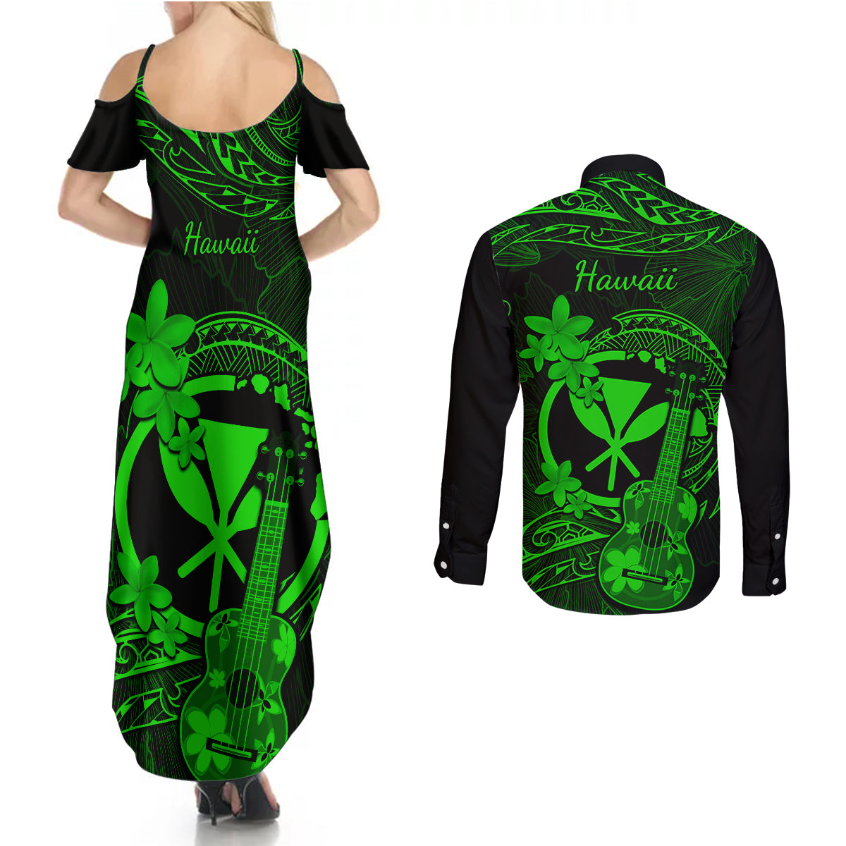 hawaii-couples-matching-summer-maxi-dress-and-long-sleeve-button-shirts-ukulele-mix-polynesian-plumeria-green-version