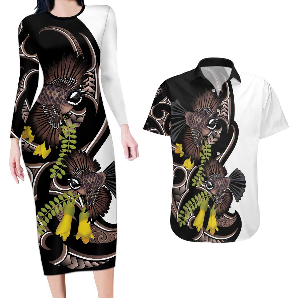 New Zealand Valentines Day Couples Matching Long Sleeve Bodycon Dress and Hawaiian Shirt Piwakawaka Lovers Maori Koru Tattoo - Polynesian Pride