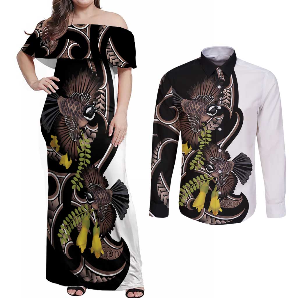 New Zealand Valentines Day Couples Matching Off Shoulder Maxi Dress and Long Sleeve Button Shirt Piwakawaka Lovers Maori Koru Tattoo - Polynesian Pride