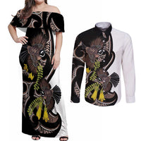 New Zealand Valentines Day Couples Matching Off Shoulder Maxi Dress and Long Sleeve Button Shirt Piwakawaka Lovers Maori Koru Tattoo - Polynesian Pride