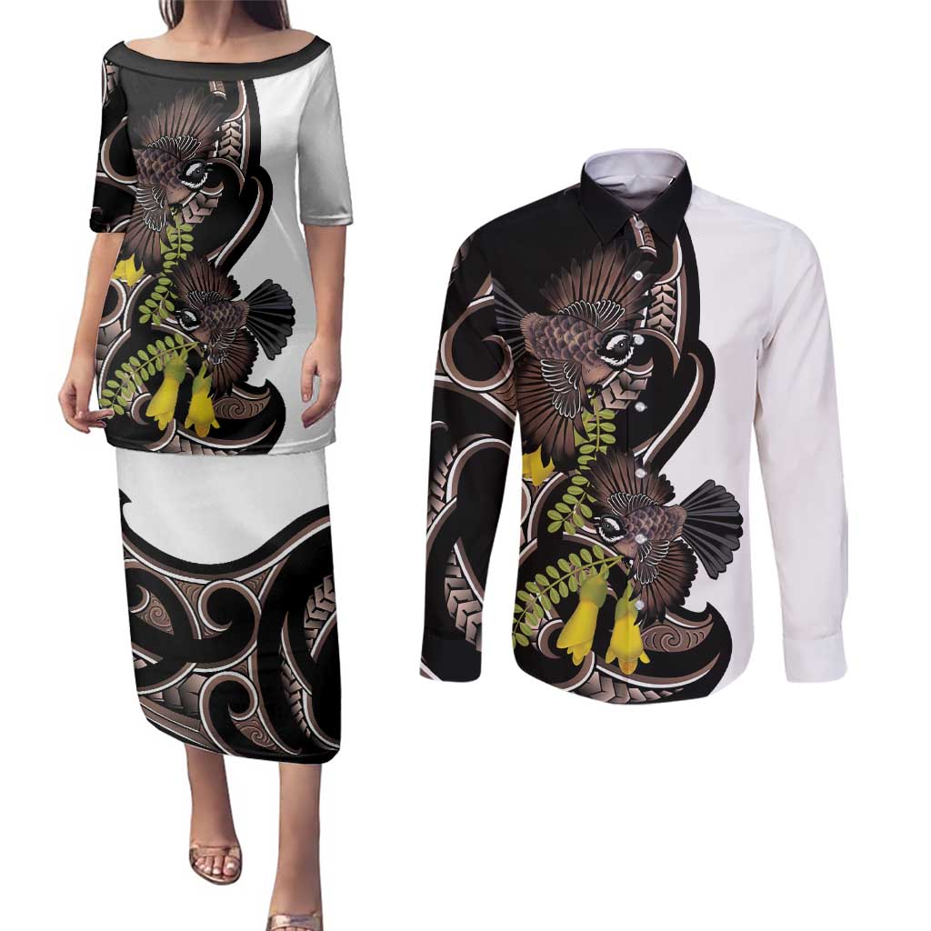 New Zealand Valentines Day Couples Matching Puletasi and Long Sleeve Button Shirt Piwakawaka Lovers Maori Koru Tattoo - Polynesian Pride