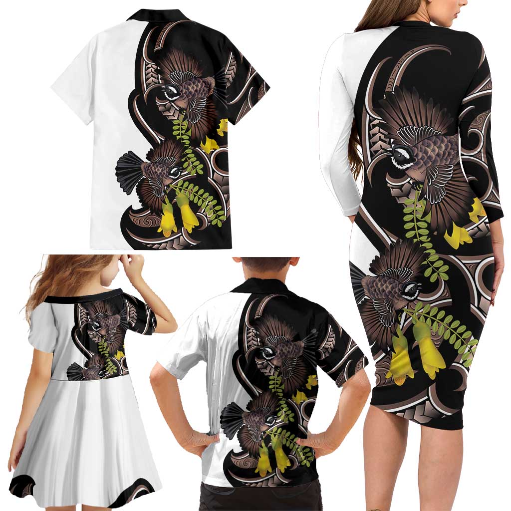 New Zealand Valentines Day Family Matching Long Sleeve Bodycon Dress and Hawaiian Shirt Piwakawaka Lovers Maori Koru Tattoo - Polynesian Pride