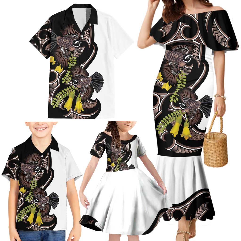 New Zealand Valentines Day Family Matching Mermaid Dress and Hawaiian Shirt Piwakawaka Lovers Maori Koru Tattoo - Polynesian Pride