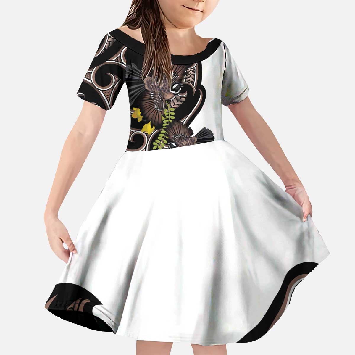 New Zealand Valentines Day Family Matching Off The Shoulder Long Sleeve Dress and Hawaiian Shirt Piwakawaka Lovers Maori Koru Tattoo - Polynesian Pride