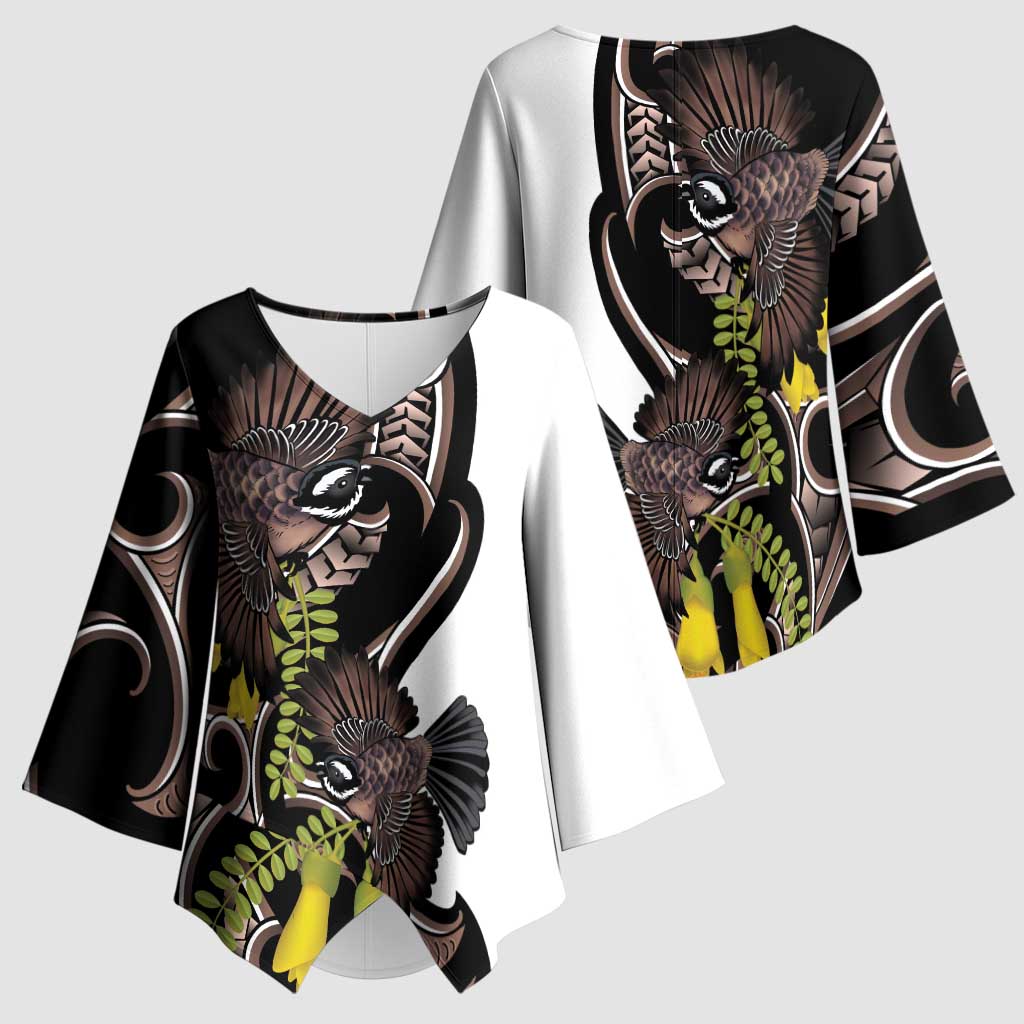 New Zealand Valentines Day Kimono Sleeve Blouse Piwakawaka Lovers Maori Koru Tattoo - Polynesian Pride