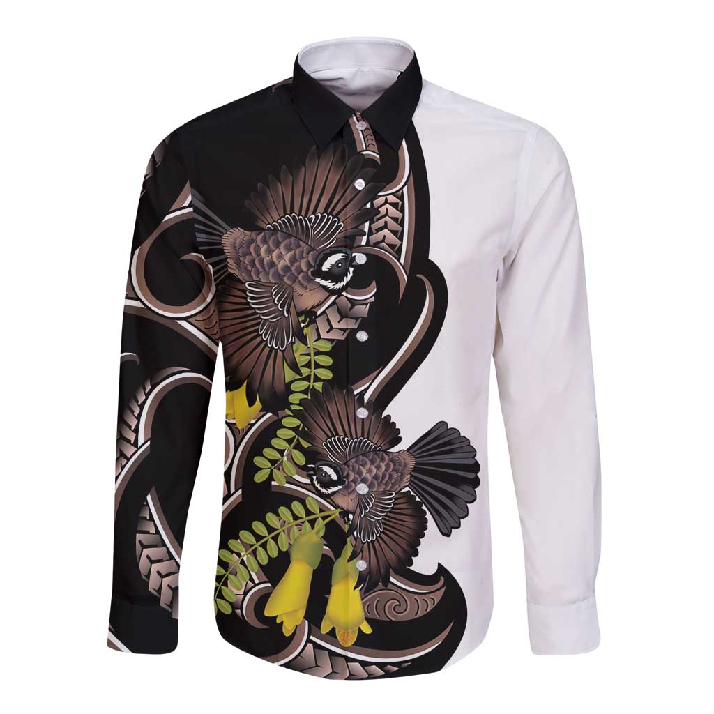 New Zealand Valentines Day Long Sleeve Button Shirt Piwakawaka Lovers Maori Koru Tattoo - Polynesian Pride