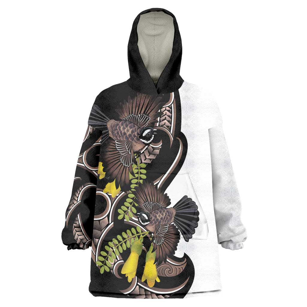 New Zealand Valentines Day Wearable Blanket Hoodie Piwakawaka Lovers Maori Koru Tattoo - Polynesian Pride