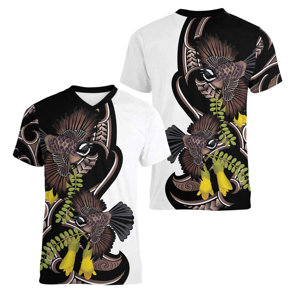 New Zealand Valentines Day Women V-Neck T-Shirt Piwakawaka Lovers Maori Koru Tattoo - Polynesian Pride