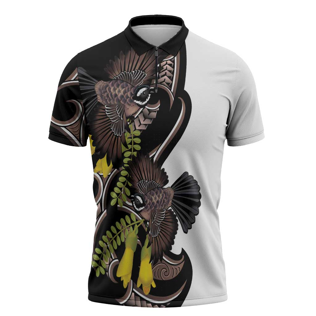 New Zealand Valentines Day Zipper Polo Shirt Piwakawaka Lovers Maori Koru Tattoo - Polynesian Pride