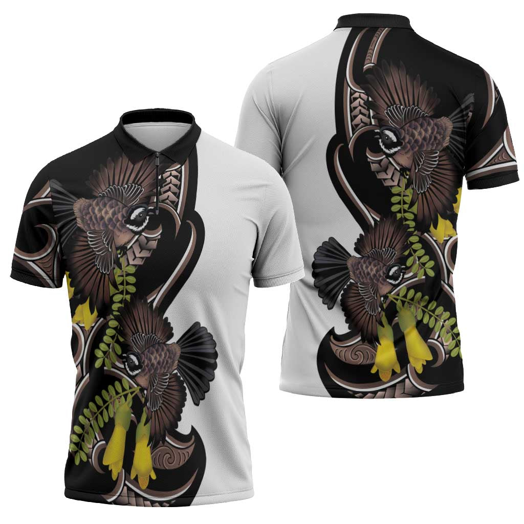 New Zealand Valentines Day Zipper Polo Shirt Piwakawaka Lovers Maori Koru Tattoo - Polynesian Pride