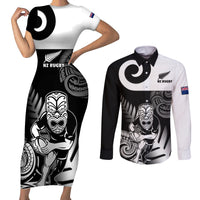 New Zealand Silver Fern Rugby Couples Matching Short Sleeve Bodycon Dress and Long Sleeve Button Shirts Go Champions NZ All Black Maori Koru LT14 Black - Polynesian Pride