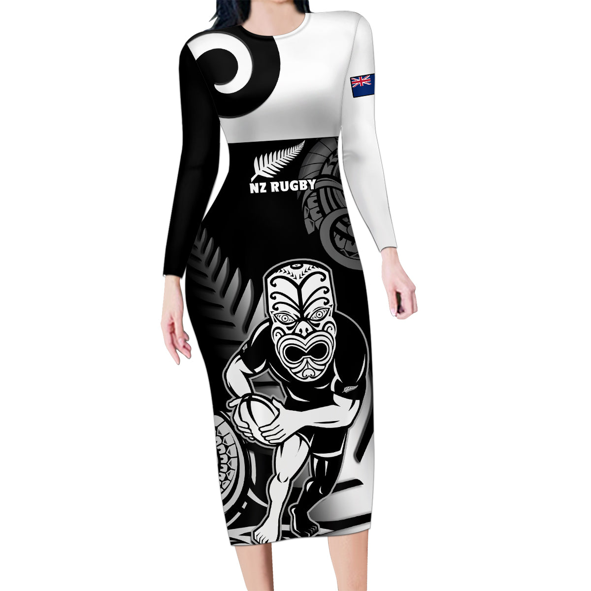 New Zealand Silver Fern Rugby Family Matching Long Sleeve Bodycon Dress and Hawaiian Shirt Go Champions NZ All Black Maori Koru LT14 Mom's Dress Black - Polynesian Pride