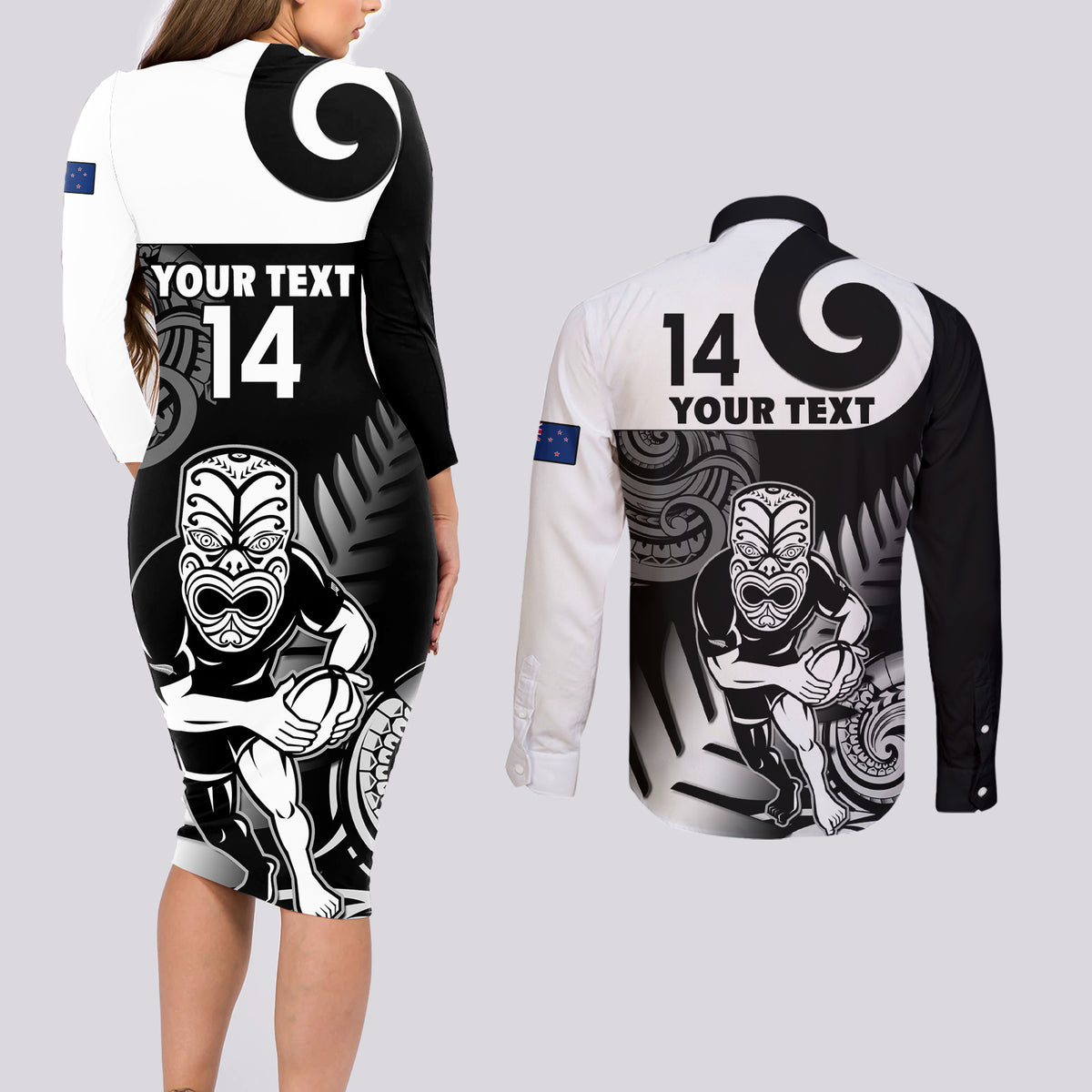 Custom New Zealand Silver Fern Rugby Couples Matching Long Sleeve Bodycon Dress and Long Sleeve Button Shirts Go Champions NZ All Black Maori Koru LT14 - Polynesian Pride