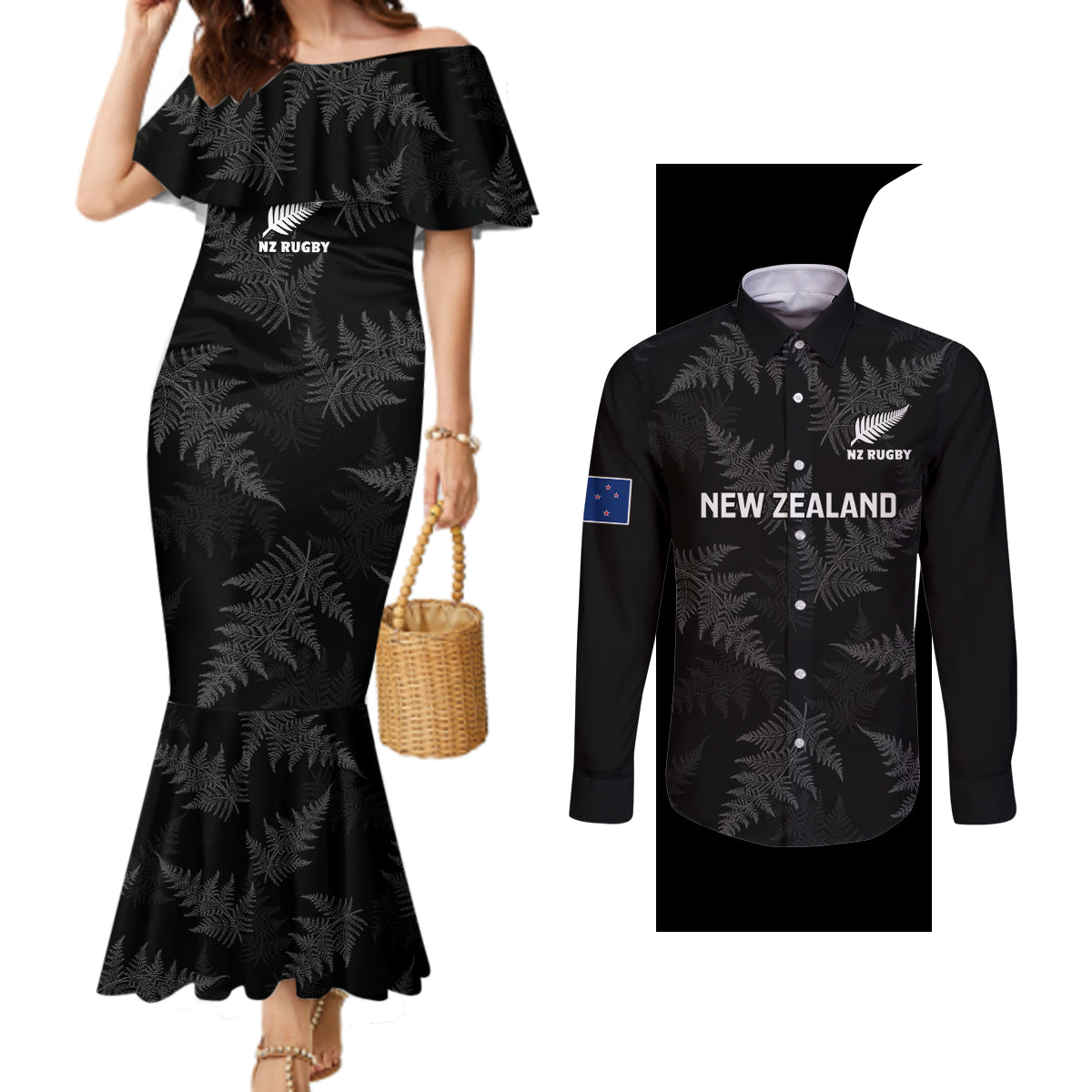 New Zealand Silver Fern Rugby Couples Matching Mermaid Dress and Long Sleeve Button Shirts 2023 Go Aotearoa Champions World Cup LT14 Black - Polynesian Pride