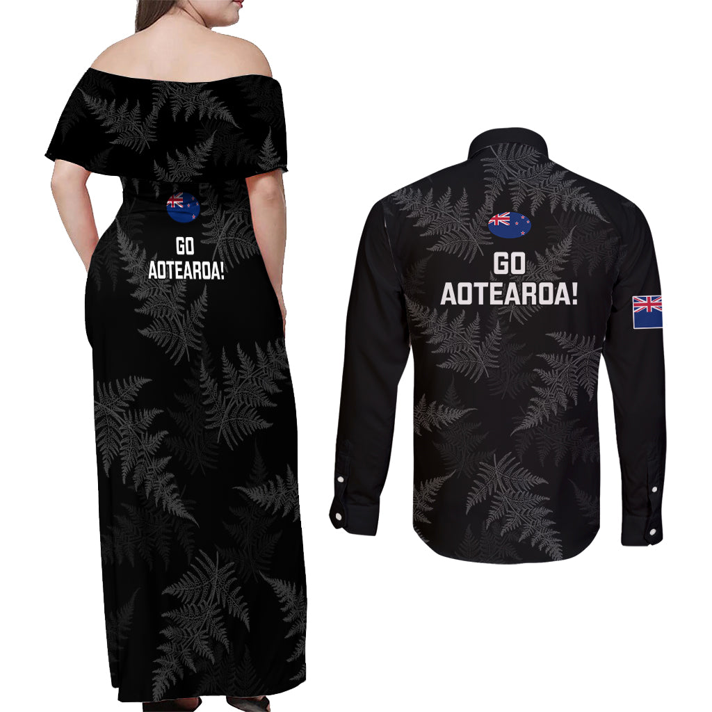 New Zealand Silver Fern Rugby Couples Matching Off Shoulder Maxi Dress and Long Sleeve Button Shirts 2023 Go Aotearoa Champions World Cup LT14 - Polynesian Pride