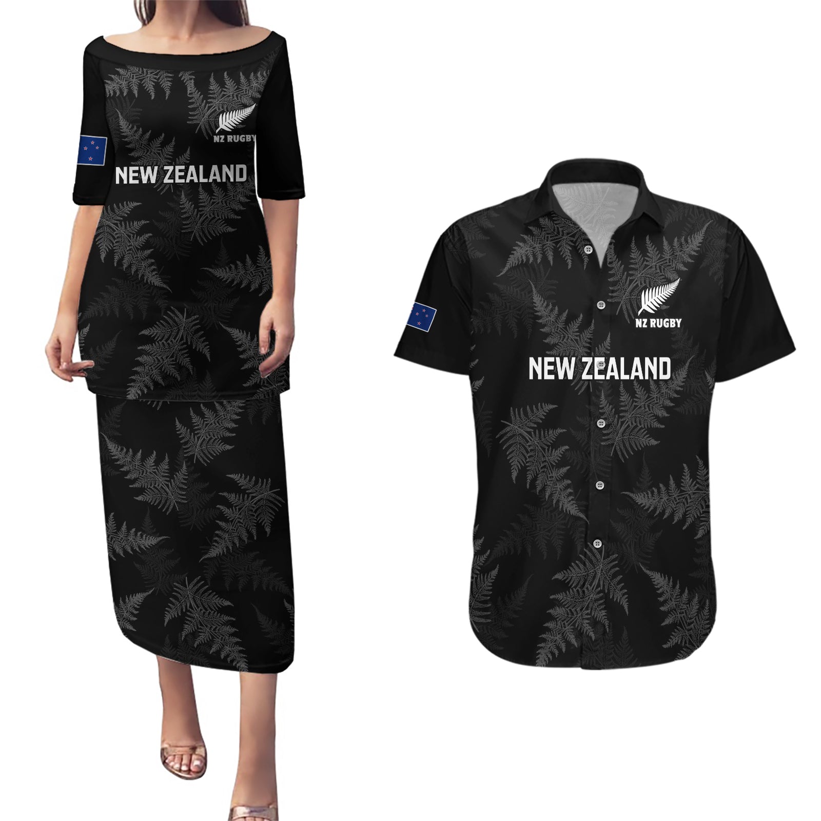 New Zealand Silver Fern Rugby Couples Matching Puletasi Dress and Hawaiian Shirt 2023 Go Aotearoa Champions World Cup LT14 Black - Polynesian Pride
