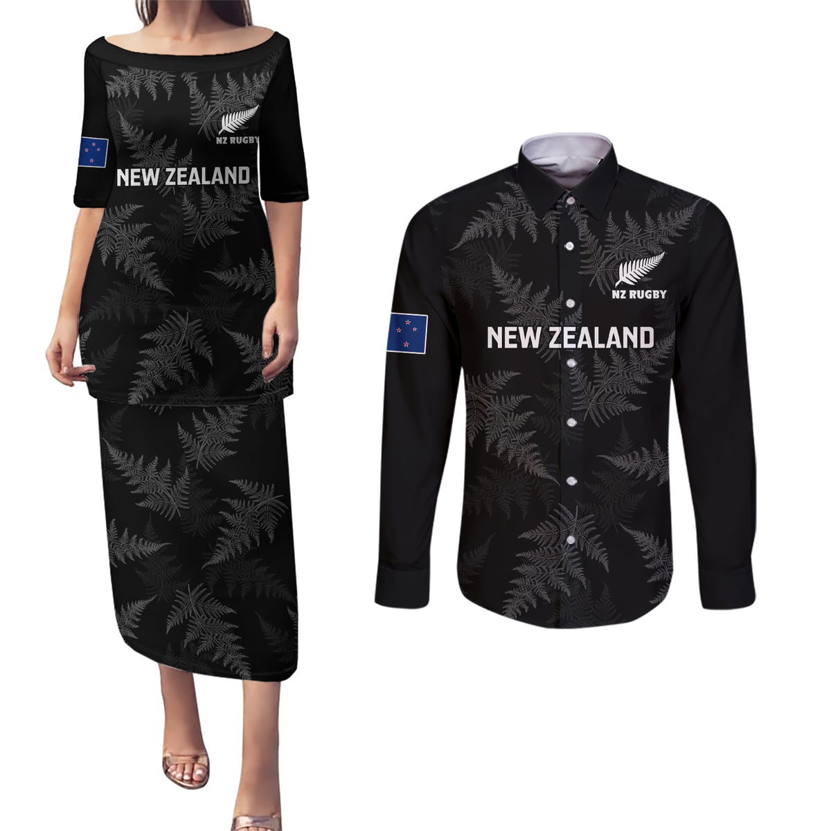 New Zealand Silver Fern Rugby Couples Matching Puletasi Dress and Long Sleeve Button Shirts 2023 Go Aotearoa Champions World Cup LT14 Black - Polynesian Pride