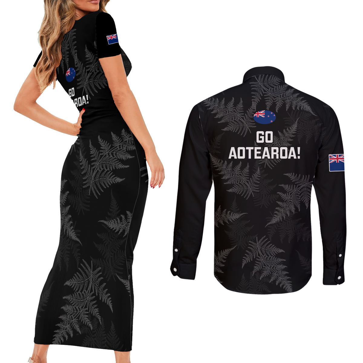 New Zealand Silver Fern Rugby Couples Matching Short Sleeve Bodycon Dress and Long Sleeve Button Shirts 2023 Go Aotearoa Champions World Cup LT14 - Polynesian Pride
