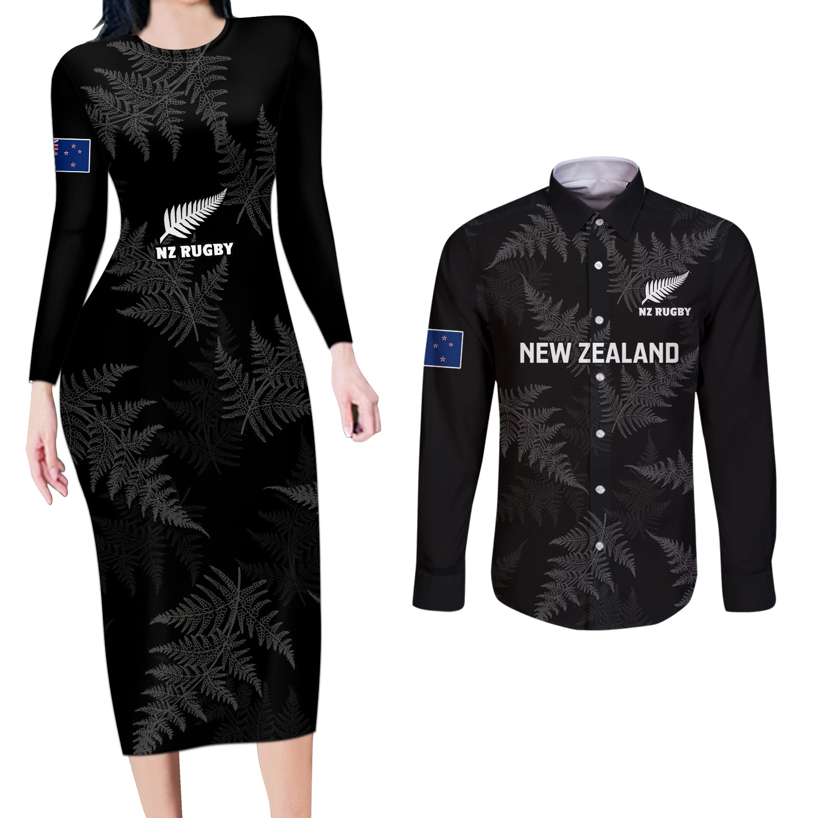 Custom New Zealand Silver Fern Rugby Couples Matching Long Sleeve Bodycon Dress and Long Sleeve Button Shirts 2023 Go Aotearoa Champions World Cup LT14 Black - Polynesian Pride