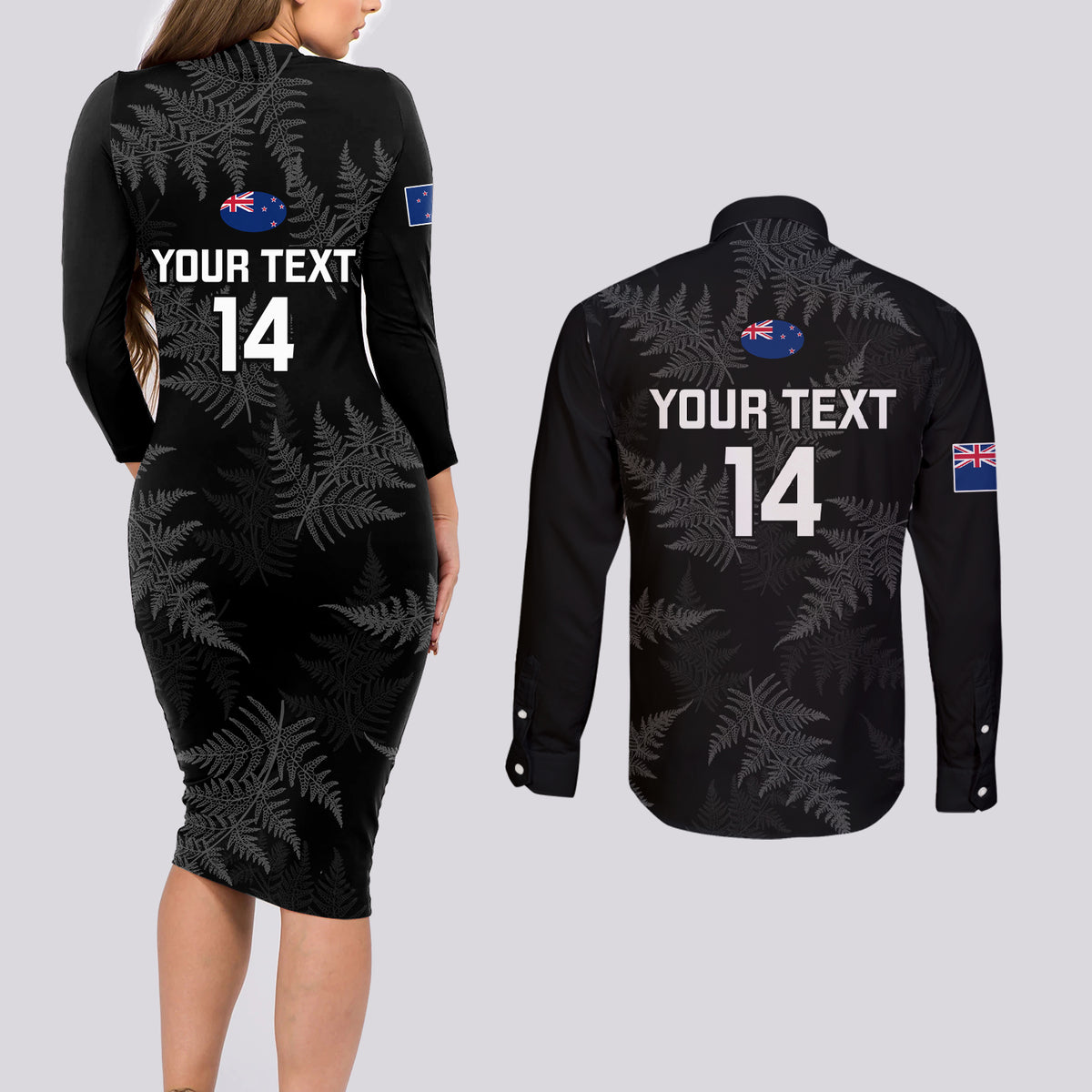 Custom New Zealand Silver Fern Rugby Couples Matching Long Sleeve Bodycon Dress and Long Sleeve Button Shirts 2023 Go Aotearoa Champions World Cup LT14 - Polynesian Pride
