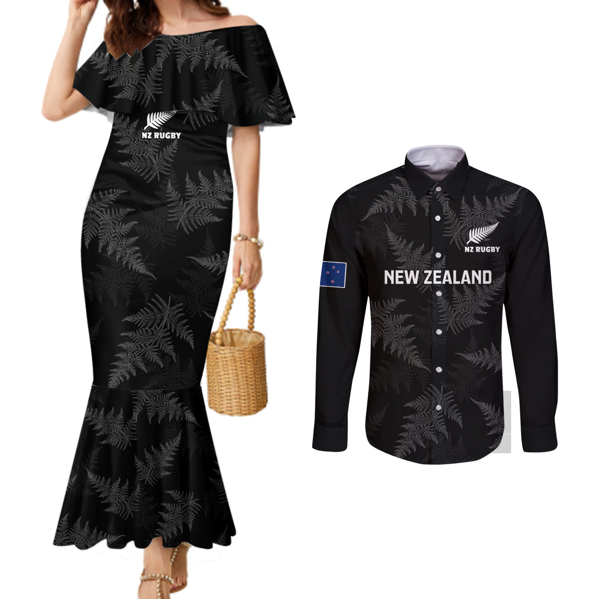 Custom New Zealand Silver Fern Rugby Couples Matching Mermaid Dress and Long Sleeve Button Shirts 2023 Go Aotearoa Champions World Cup LT14 Black - Polynesian Pride
