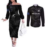 Custom New Zealand Silver Fern Rugby Couples Matching Off The Shoulder Long Sleeve Dress and Long Sleeve Button Shirts 2023 Go Aotearoa Champions World Cup LT14 Black - Polynesian Pride