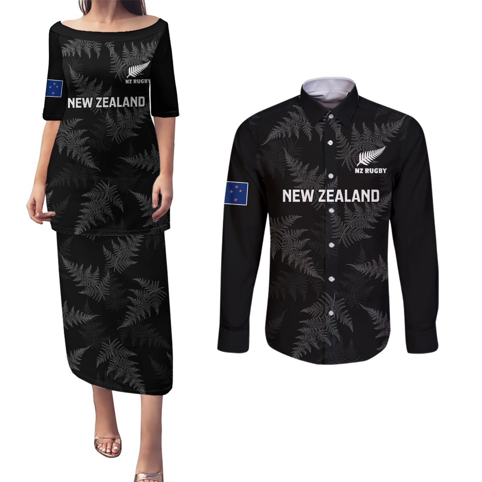 Custom New Zealand Silver Fern Rugby Couples Matching Puletasi Dress and Long Sleeve Button Shirts 2023 Go Aotearoa Champions World Cup LT14 Black - Polynesian Pride