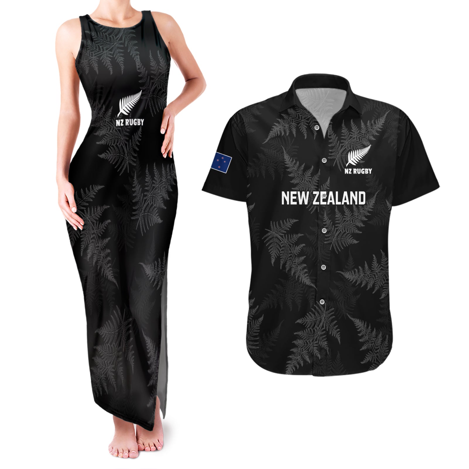 Custom New Zealand Silver Fern Rugby Couples Matching Tank Maxi Dress and Hawaiian Shirt 2023 Go Aotearoa Champions World Cup LT14 Black - Polynesian Pride
