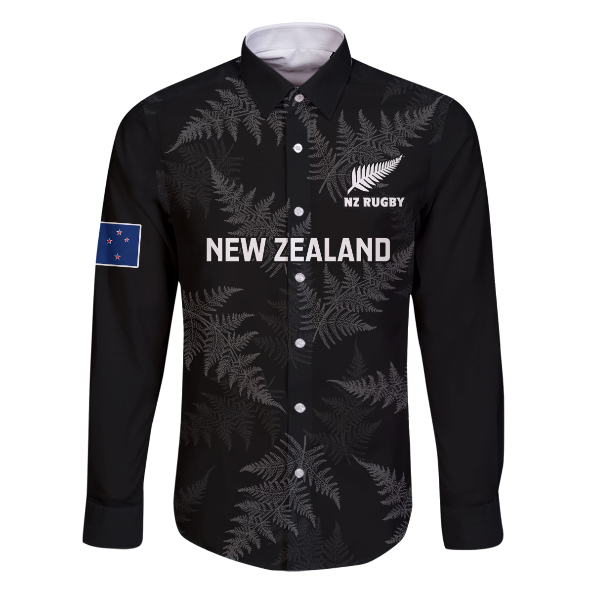 Custom New Zealand Silver Fern Rugby Family Matching Off Shoulder Maxi Dress and Hawaiian Shirt 2023 Go Aotearoa Champions World Cup LT14 Dad's Shirt - Long Sleeve Black - Polynesian Pride